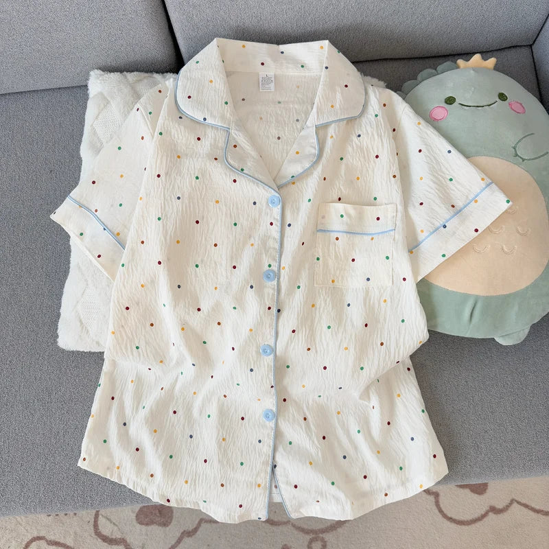 Pyjama femme en coton bleu à pois avec short