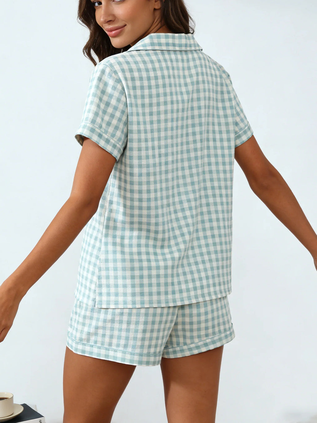 Ensemble pyjama femme vichy vert avec chemise et short