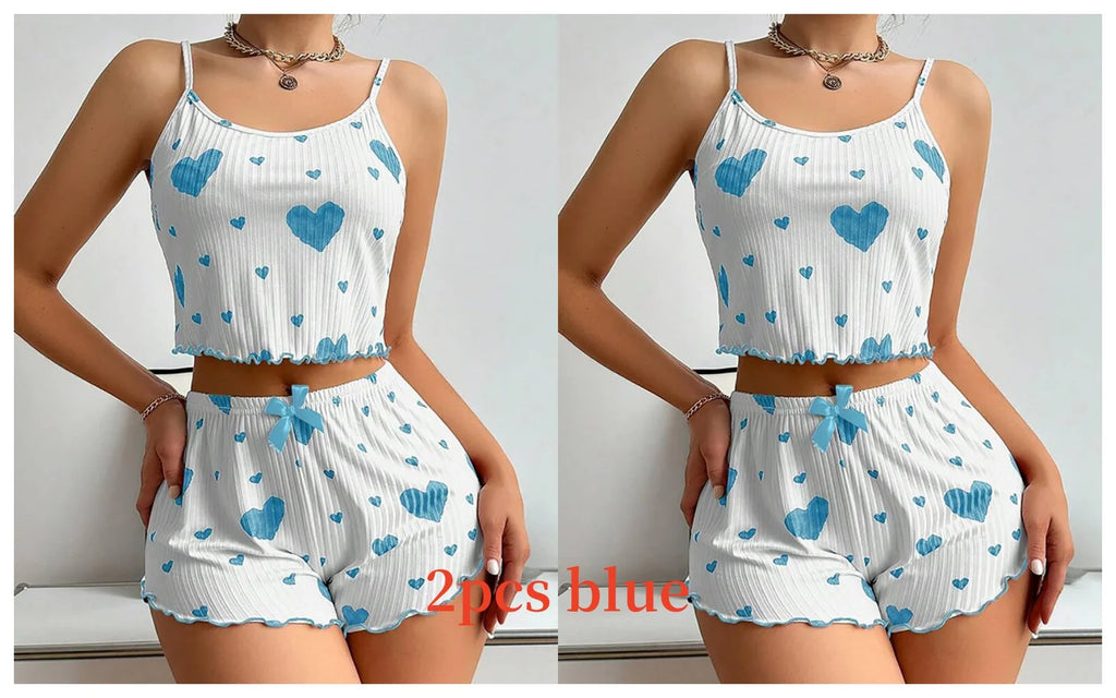 Pyjama short femme côtelé à imprimé cœur