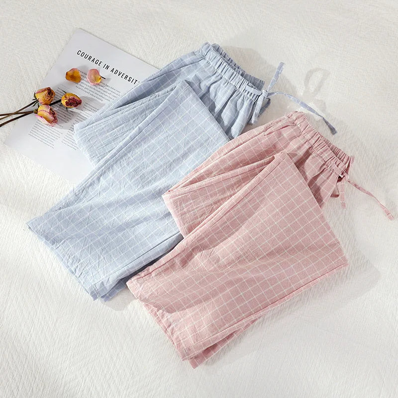Pantalon de pyjama femme en gaze de coton à carreaux