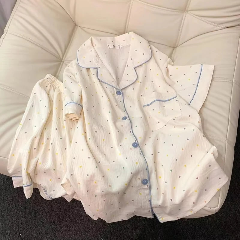 Pyjama femme blanc en coton à pois multicolores