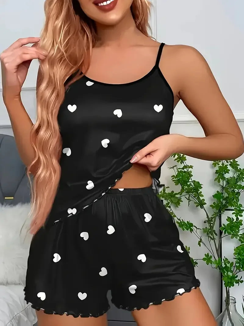 Pyjama femme noir à petits cœurs avec short