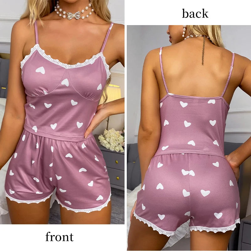 Pyjama femme violet à cœurs avec dentelle