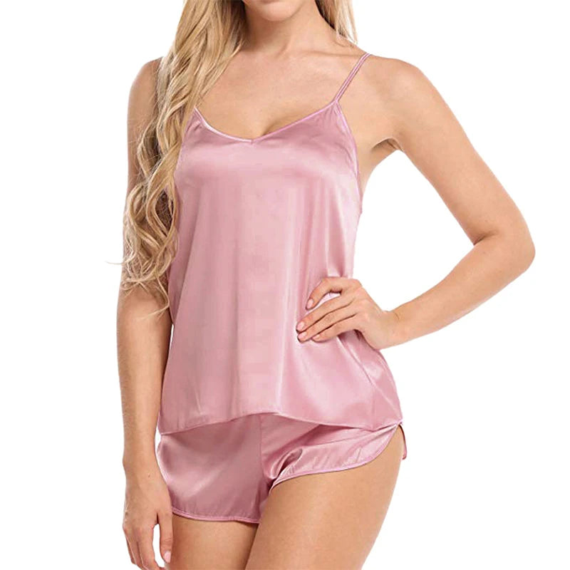 Pyjama short femme satiné avec caraco fluide