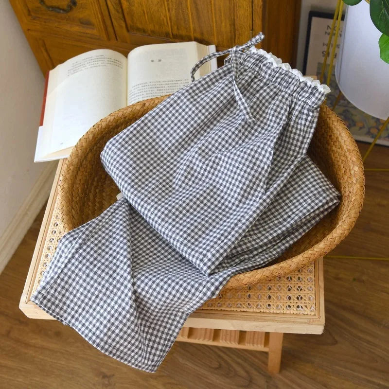 Pantalon de pyjama femme à carreaux et dentelle