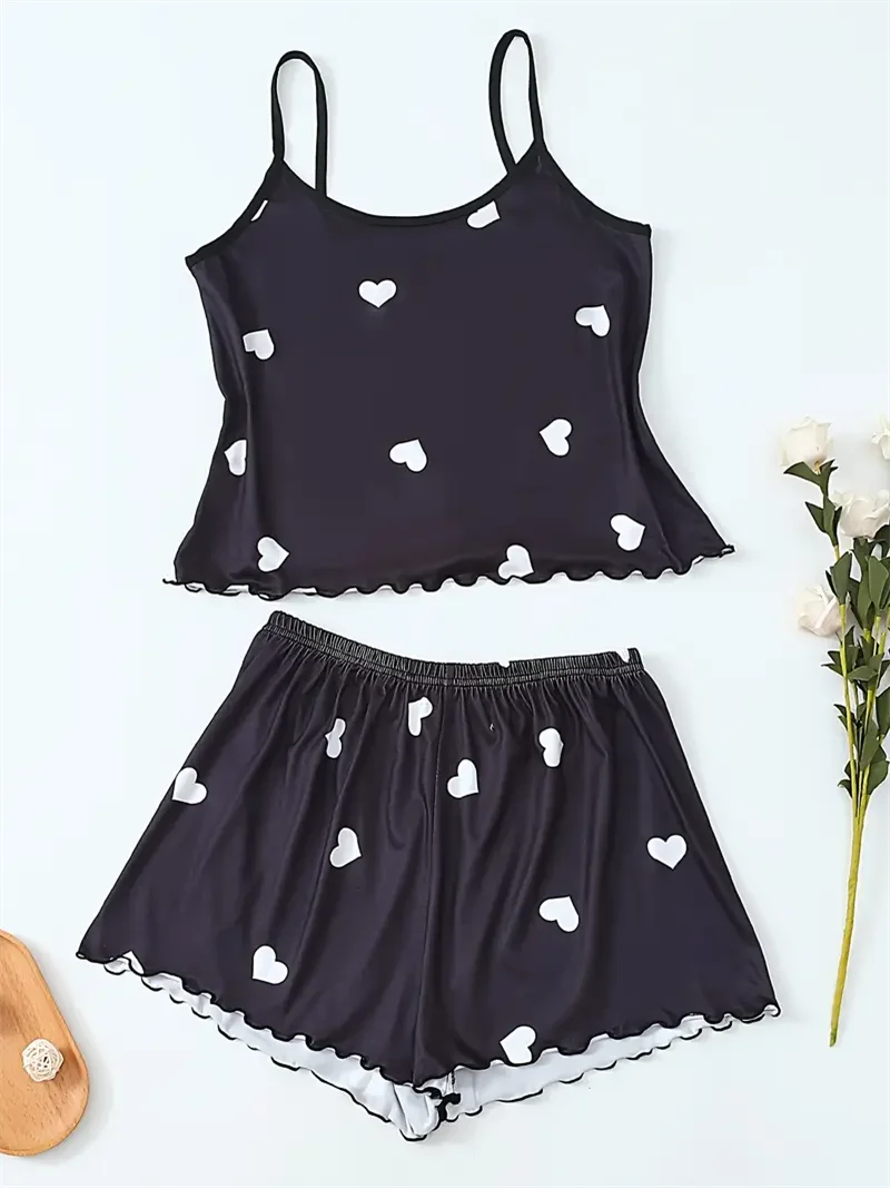 Pyjama femme noir à petits cœurs avec short