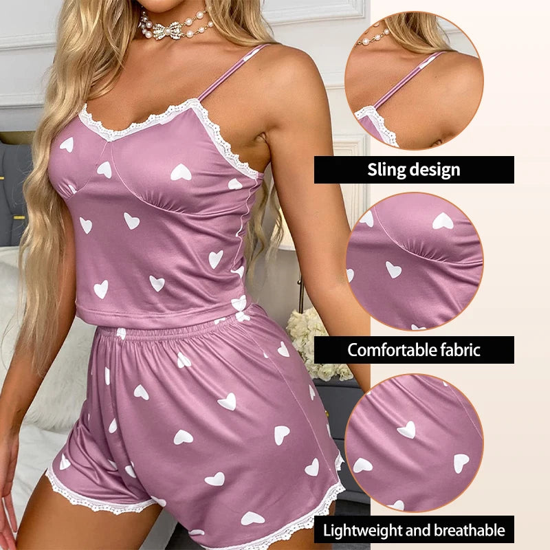 Pyjama femme violet à cœurs avec dentelle