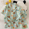 Pyjama femme rayé bleu et jaune à imprimé chien