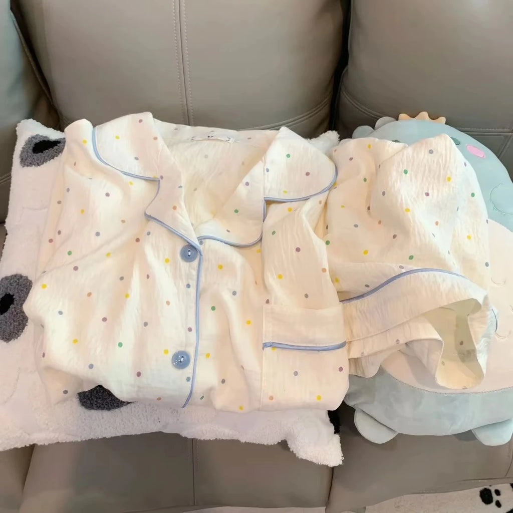 Pyjama femme blanc en coton à pois multicolores