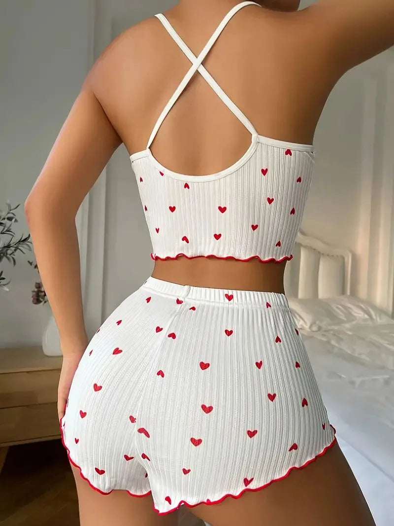Ensemble pyjama femme côtelé à petits cœurs
