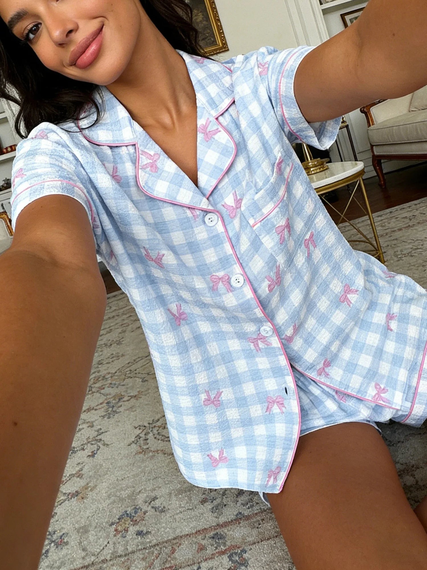 Ensemble pyjama femme vichy bleu à nœuds roses