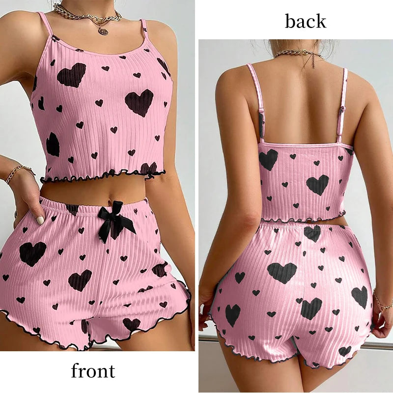 Pyjama short femme côtelé à imprimé cœur