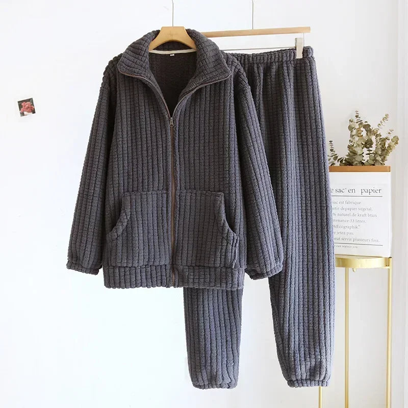Ensemble pyjama femme épais en flanelle veste zippée