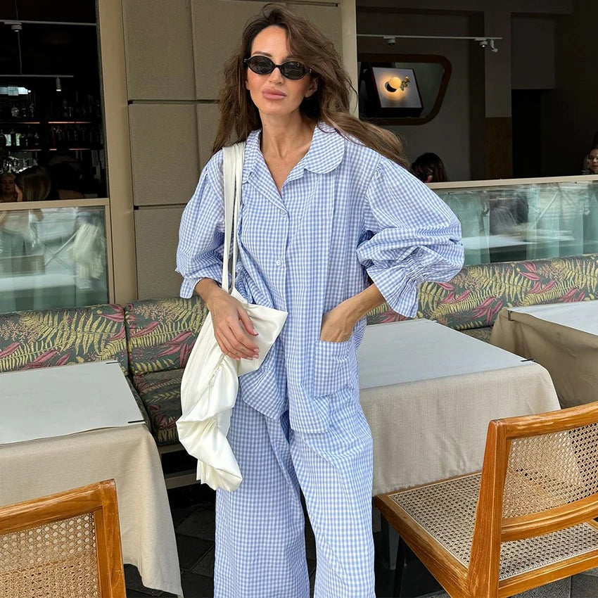 Ensemble pyjama femme vichy bleu à volants
