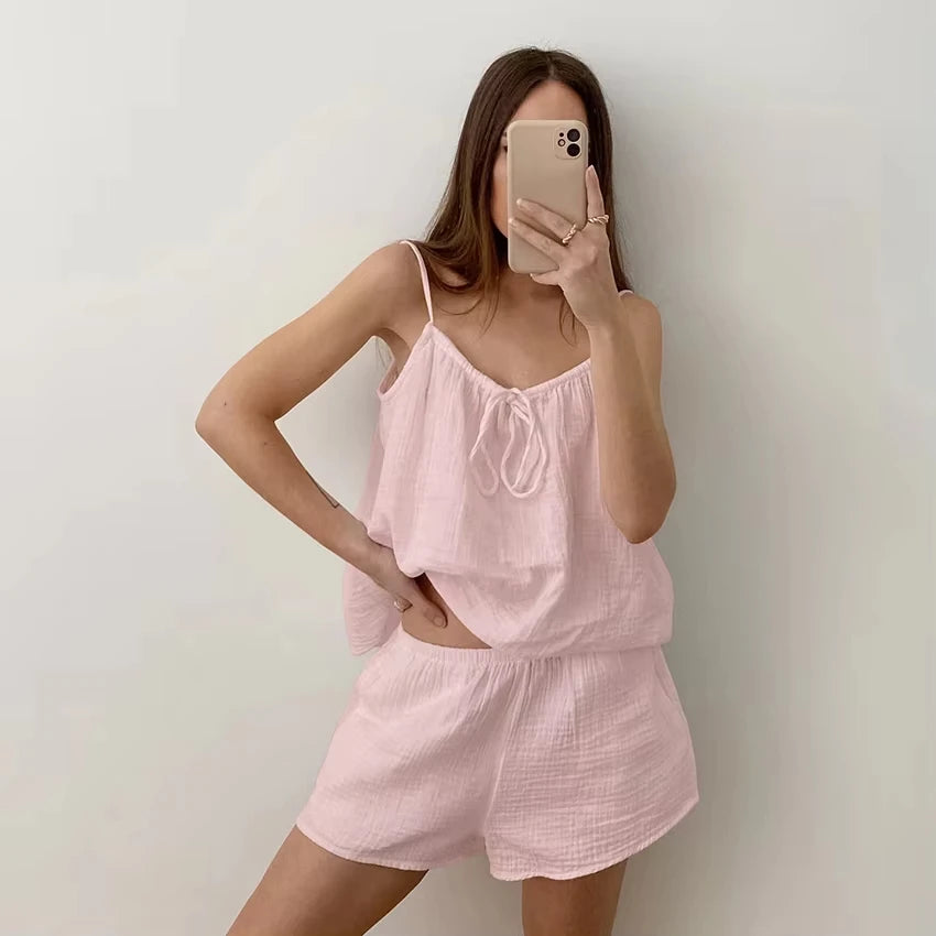 Pyjama short femme en coton gaufré