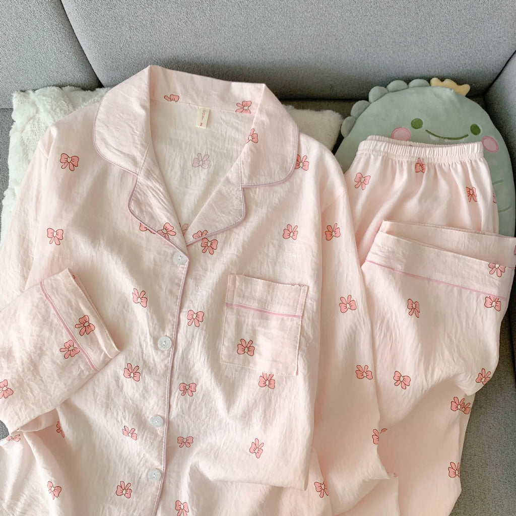 Ensemble pyjama femme rose à petits nœuds