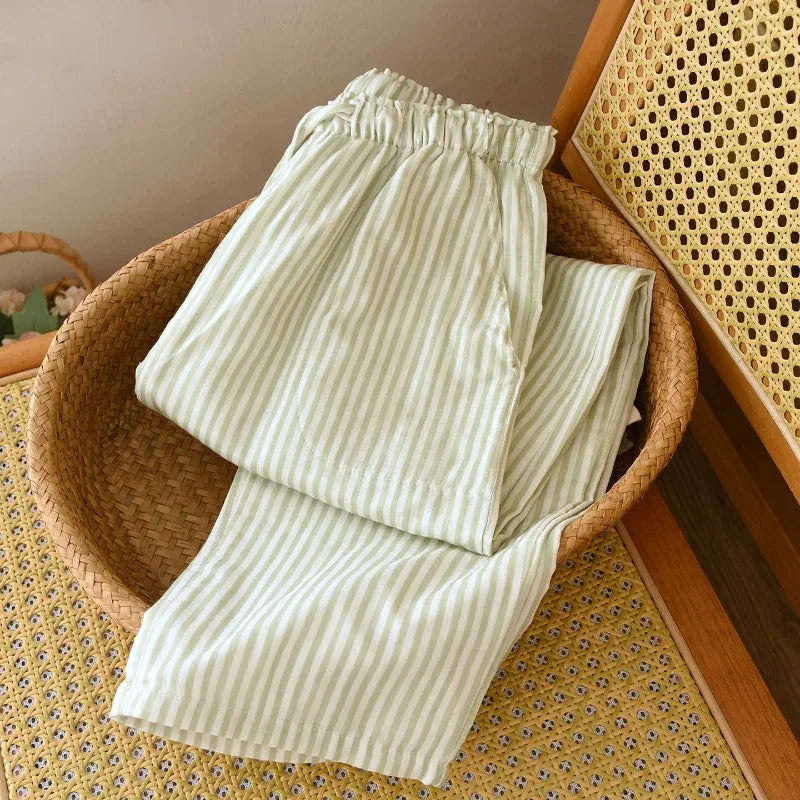 Pantalon de pyjama femme rayé en gaze de coton