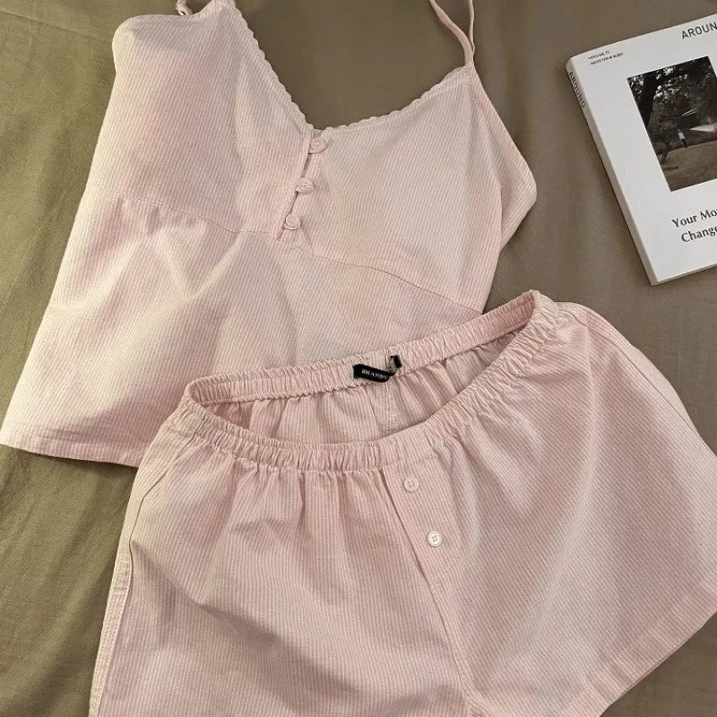 Pyjama short femme rose à petits carreaux