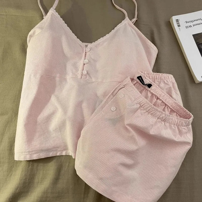 Pyjama short femme rose à petits carreaux