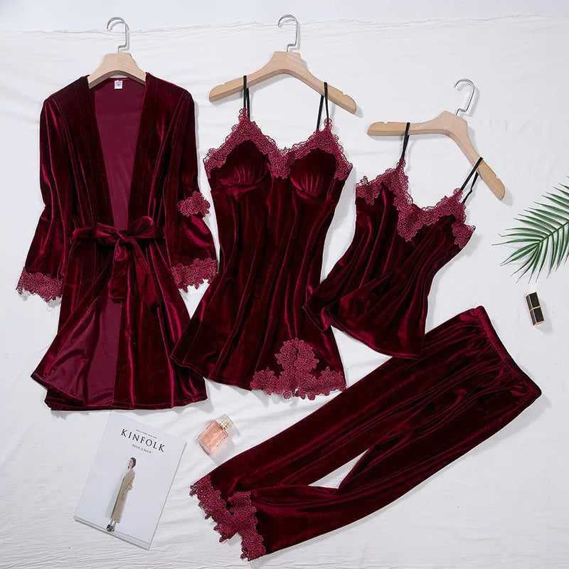 Ensemble nuit femme 4 pièces en velours et dentelle