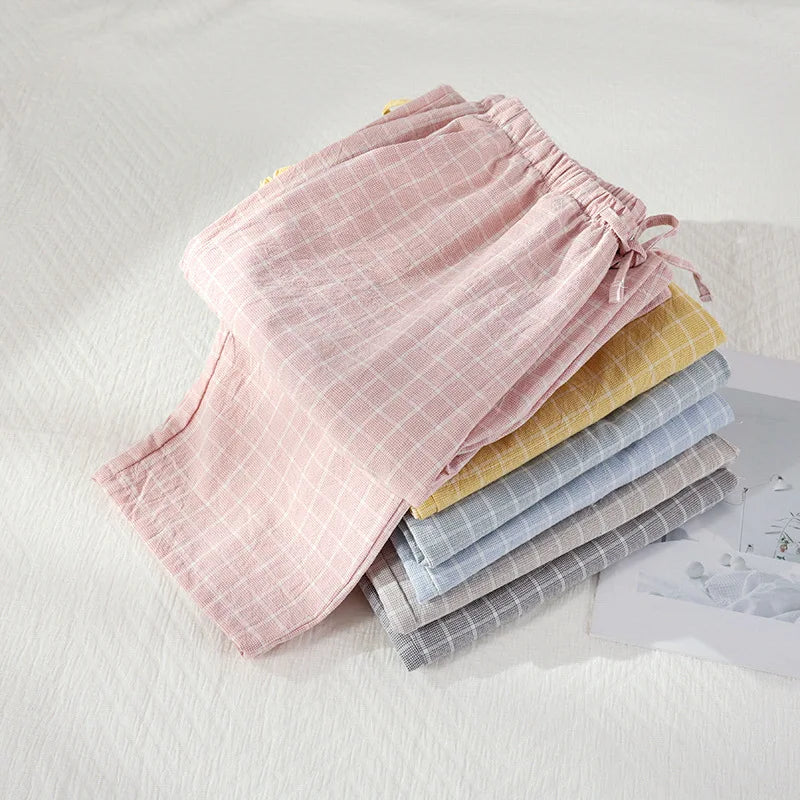 Pantalon de pyjama femme en gaze de coton à carreaux