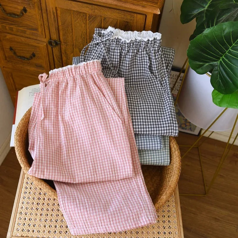 Pantalon de pyjama femme à carreaux et dentelle