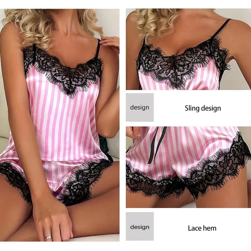 Ensemble pyjama femme rayé rose avec dentelle