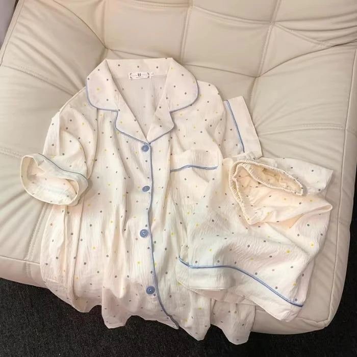 Pyjama femme blanc en coton à pois multicolores