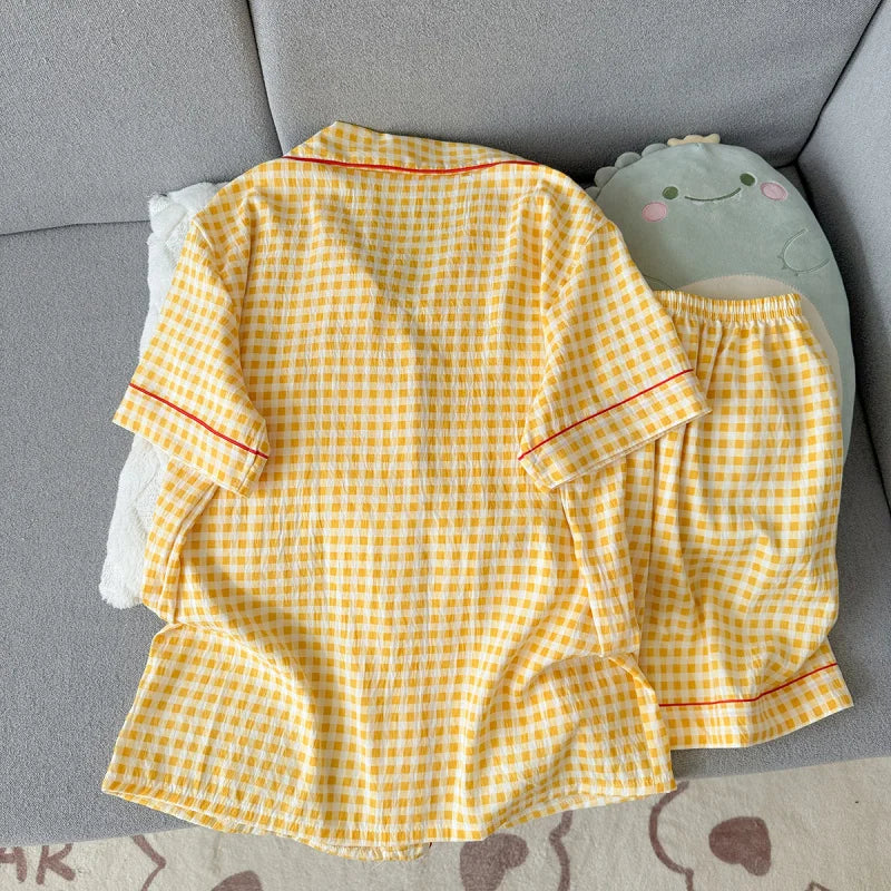Pyjama short femme vichy jaune à finitions rouges