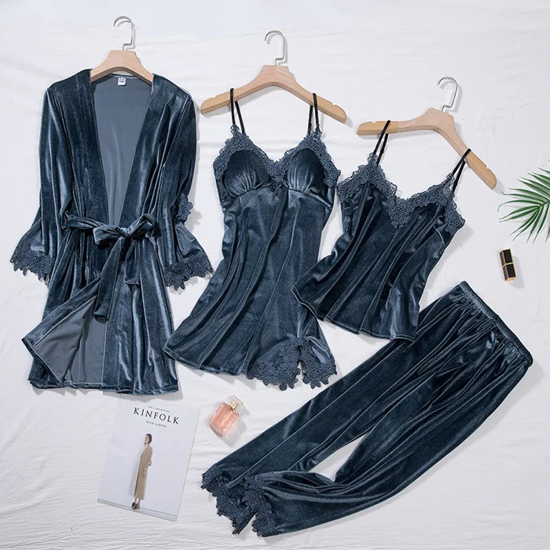 Ensemble nuit femme 4 pièces en velours et dentelle