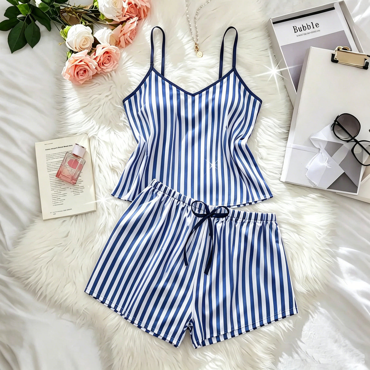 Ensemble pyjama femme rayé avec caraco et short