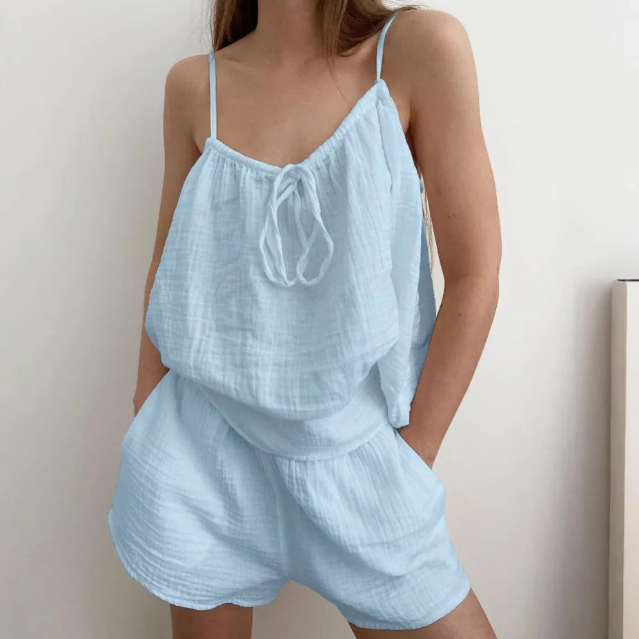 Pyjama short femme en coton gaufré