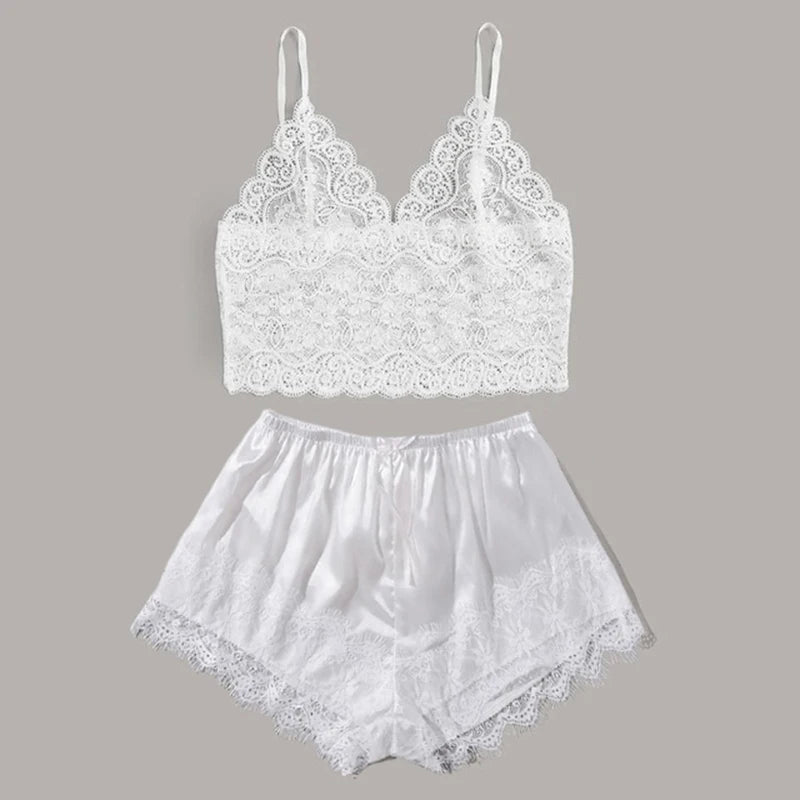 Ensemble pyjama femme satiné 4 pièces avec dentelle