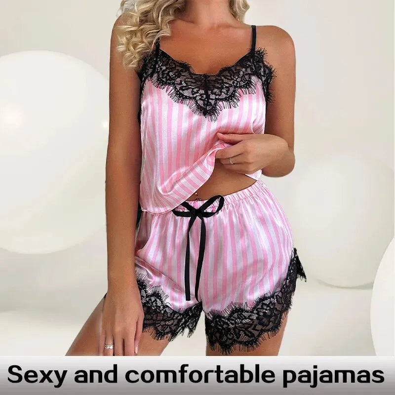 Ensemble pyjama femme rayé rose avec dentelle