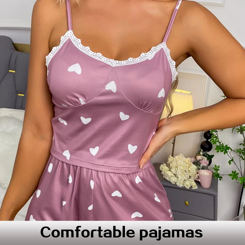 Pyjama femme violet à cœurs avec dentelle