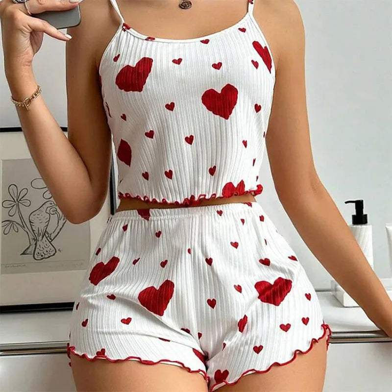 Pyjama short femme côtelé à imprimé cœur