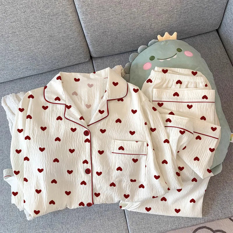 Pyjama femme blanc à petits cœurs rouges