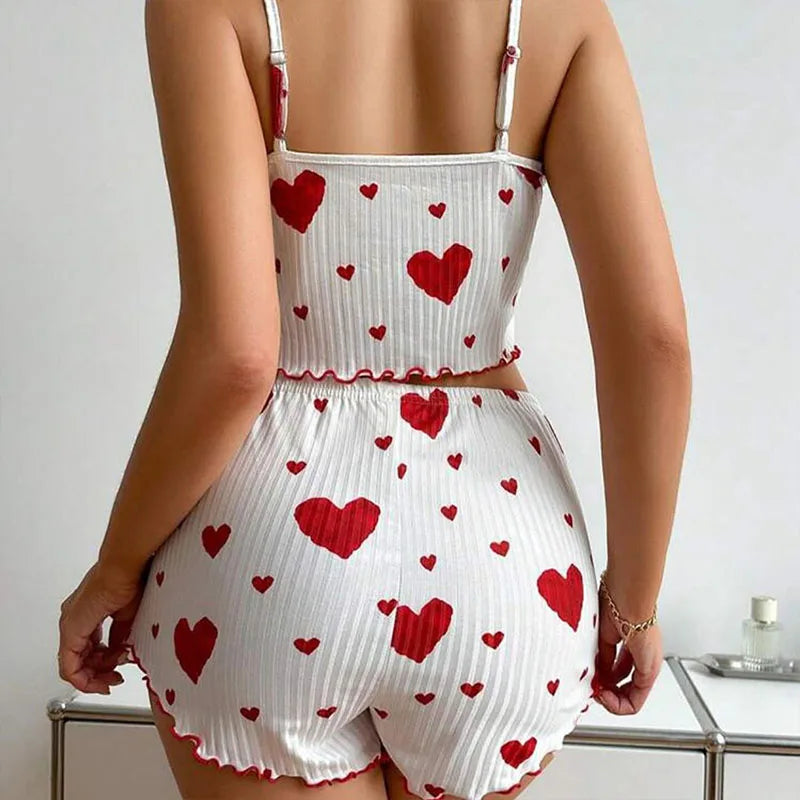 Pyjama short femme côtelé à imprimé cœur