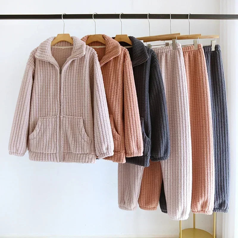 Ensemble pyjama femme épais en flanelle veste zippée