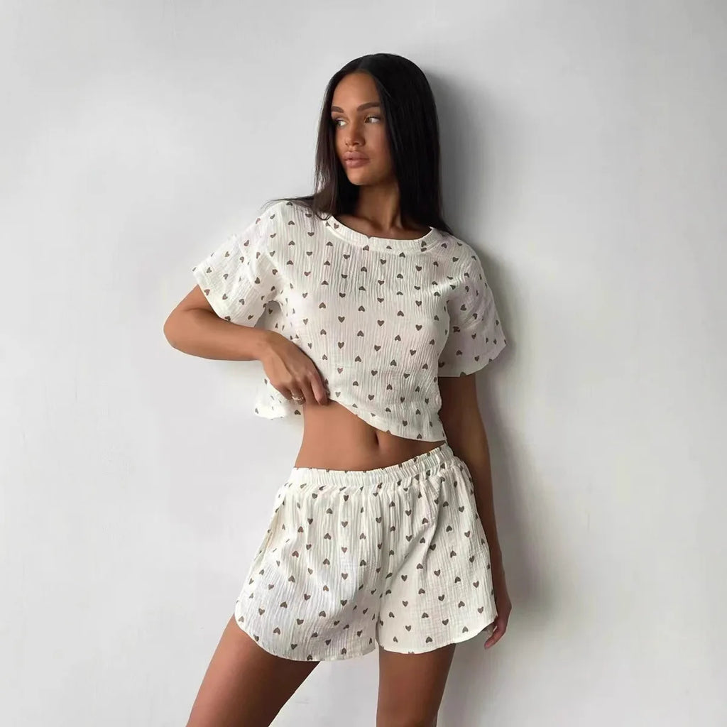 Ensemble pyjama femme en coton à petits cœurs