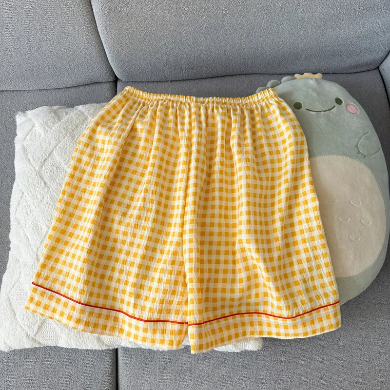 Pyjama short femme vichy jaune à finitions rouges