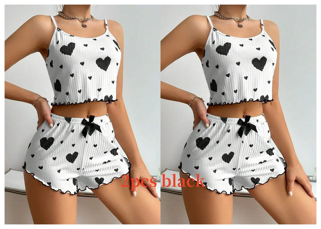 Pyjama short femme côtelé à imprimé cœur