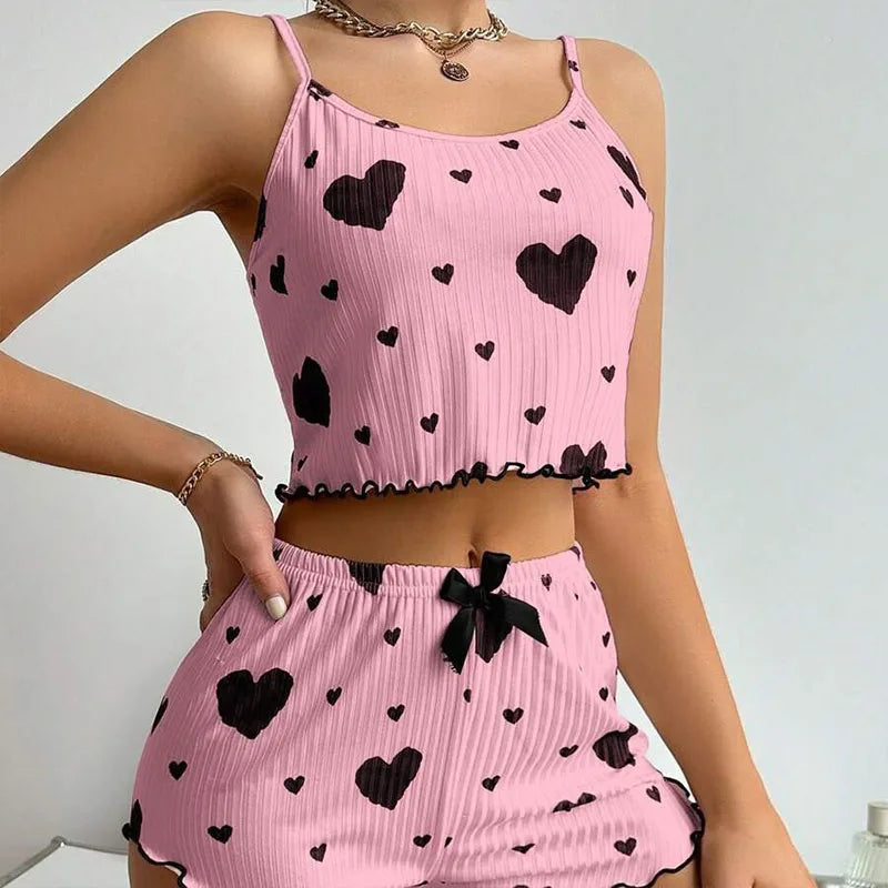 Pyjama short femme côtelé à imprimé cœur
