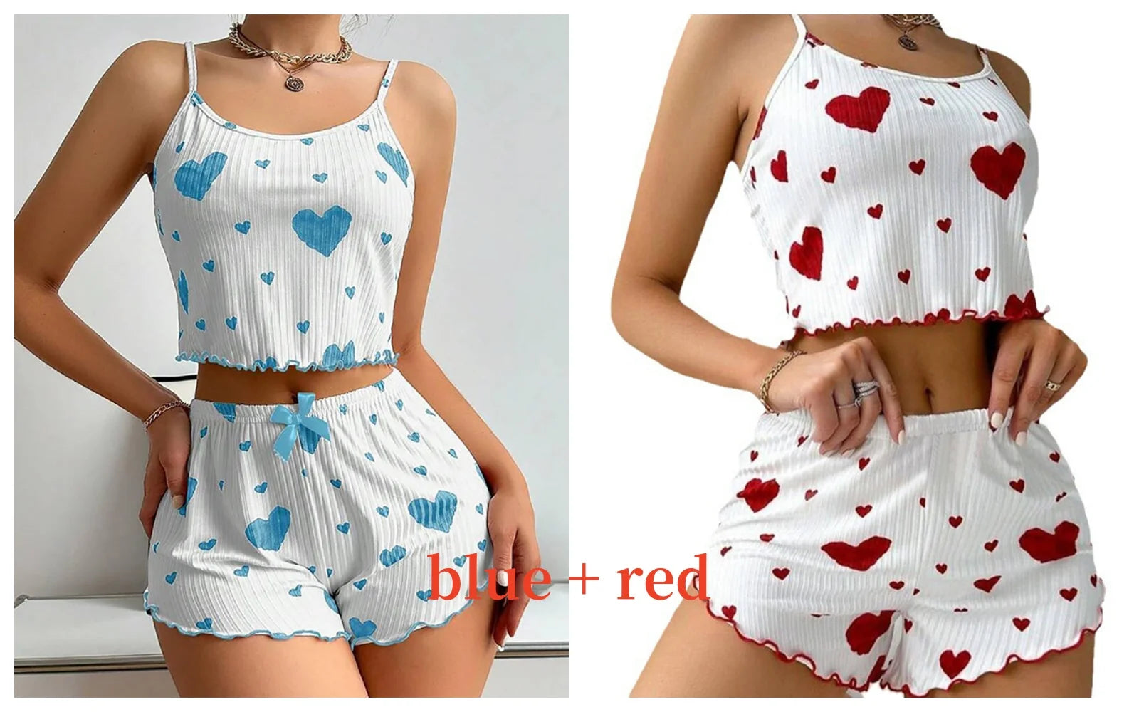 Pyjama short femme côtelé à imprimé cœur