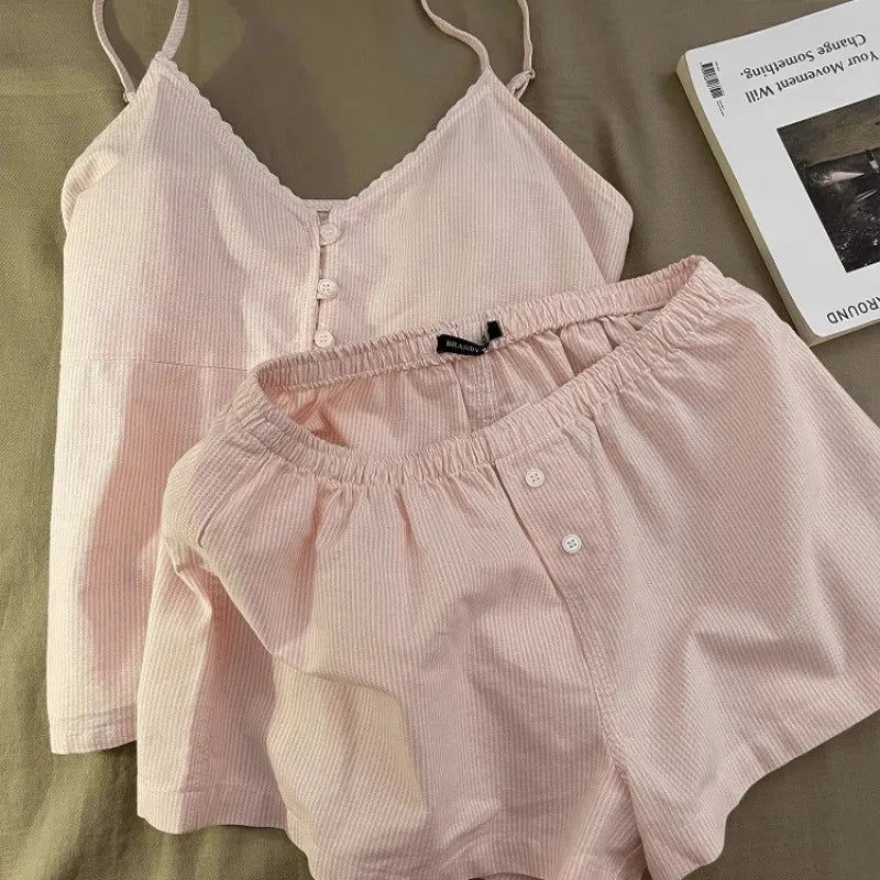 Pyjama short femme rose à petits carreaux