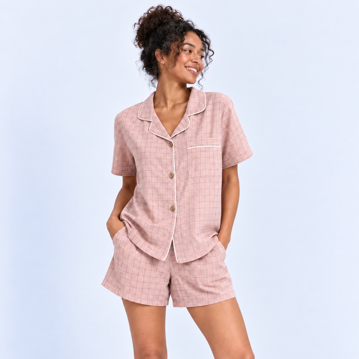 Pyjama short femme en coton à petits carreaux