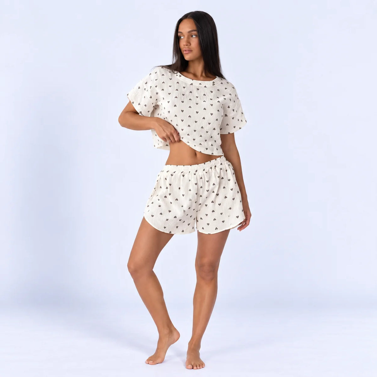 Pyjama short femme en coton à petits cœurs