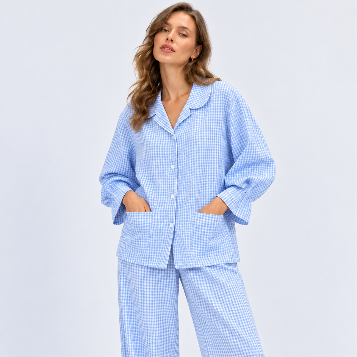 Pyjama long femme vichy bleu à volants