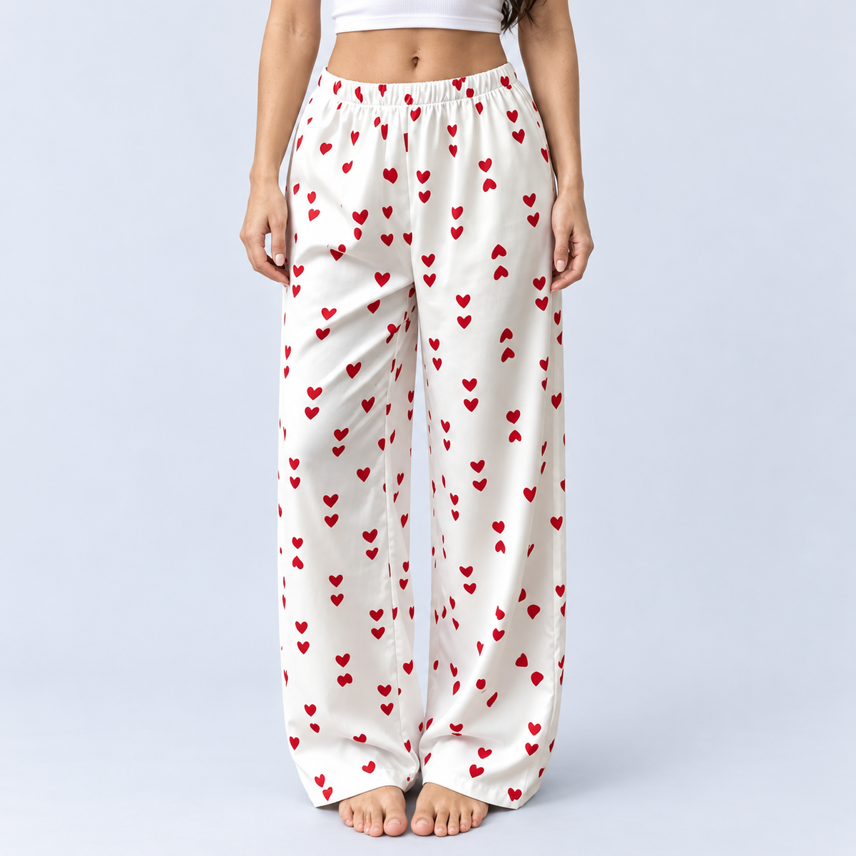 Pantalon de pyjama femme satiné à cœurs rouges
