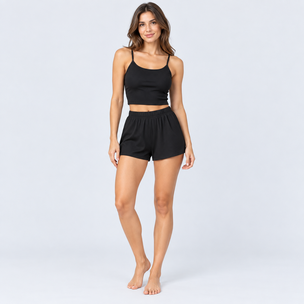 Pyjama short femme côtelé avec caraco et dentelle